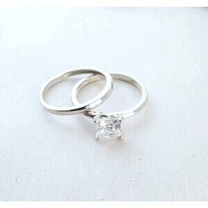 White Princess Cut 2 Ring Set Solitaire Ring Solid 925 Sterling Silver Stamped